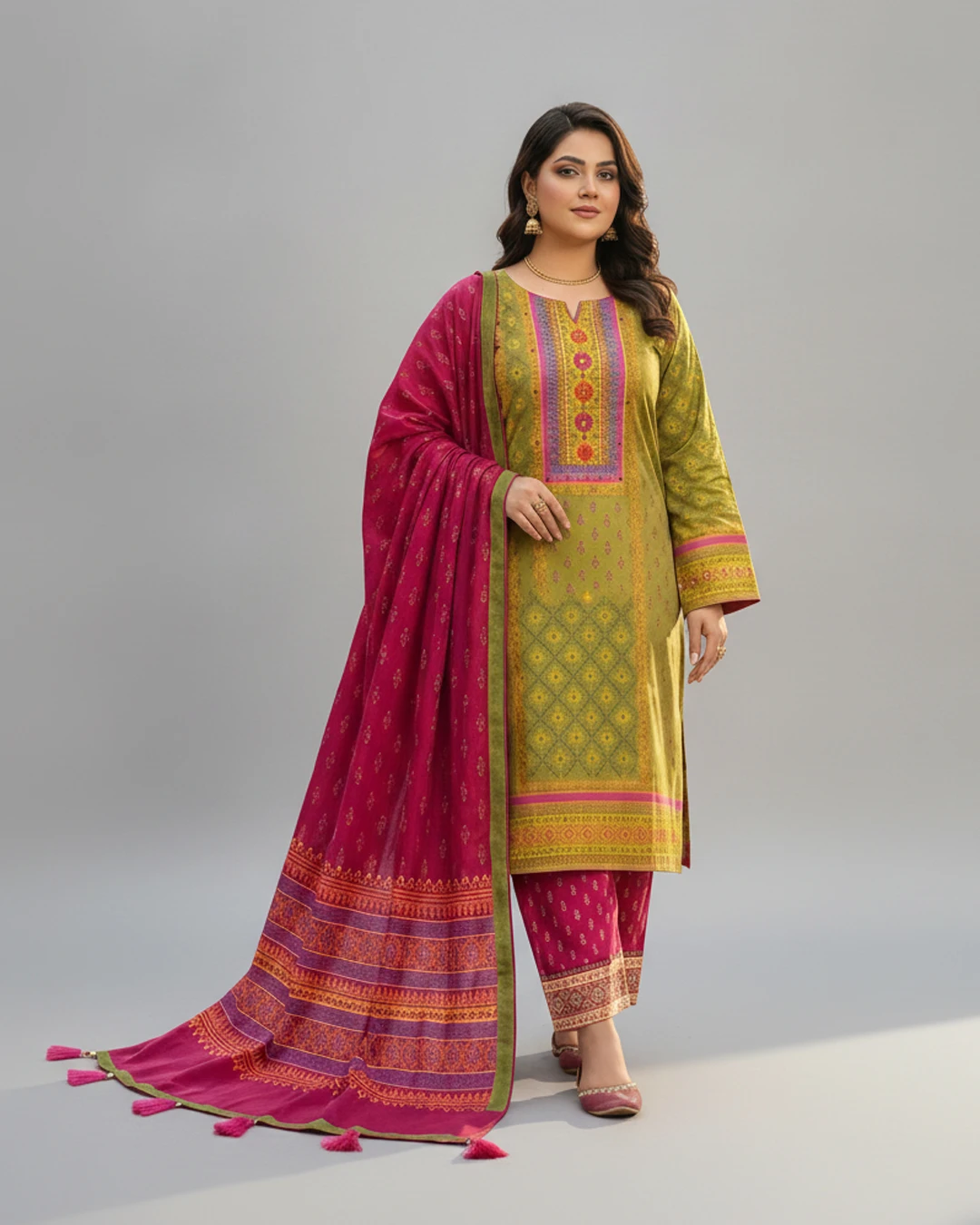 Royal Pink With Olive Green Aarong Boutique Karchupi Three Piece
