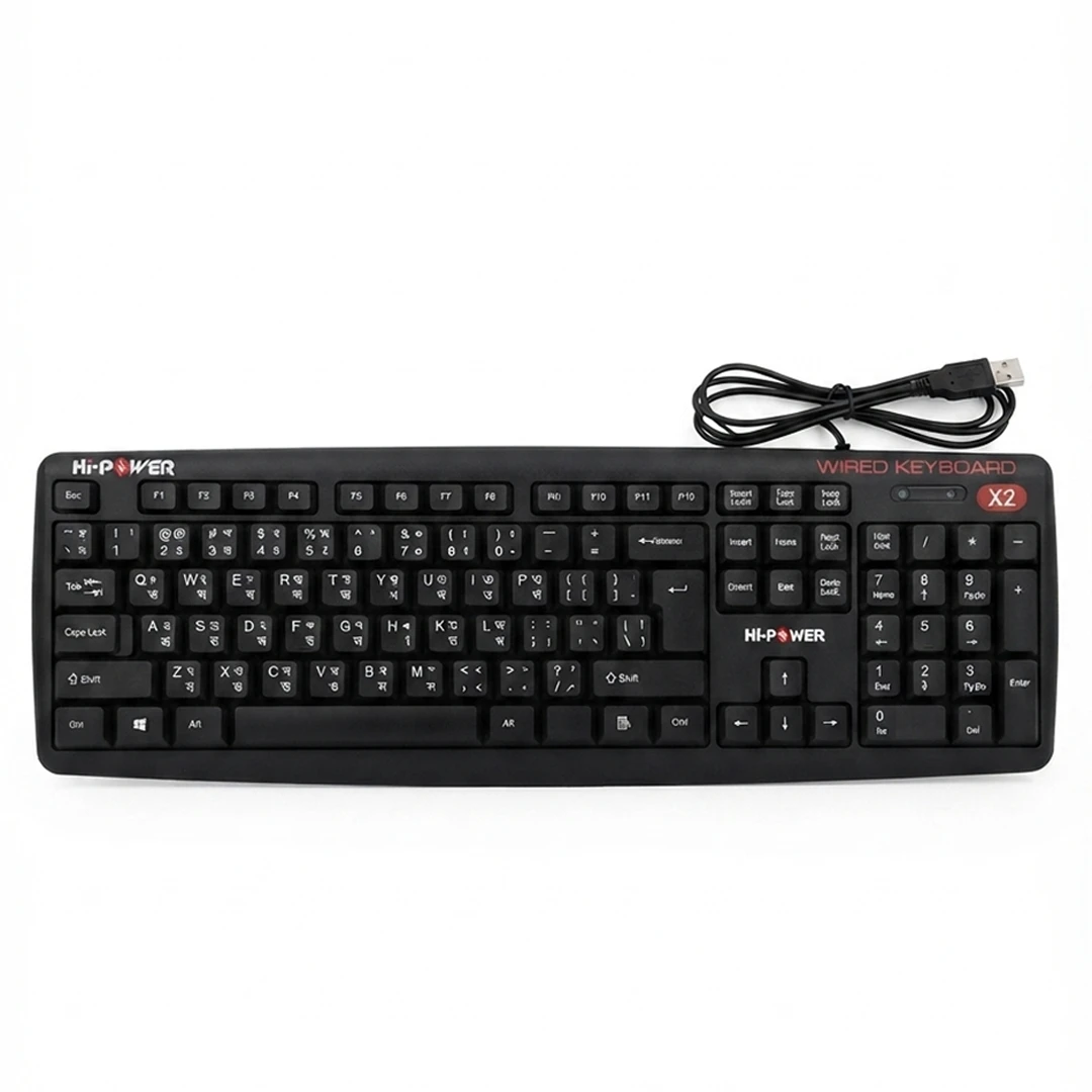 Hi-Power X2 Wired USB Keyboard with Bangla & English Layout – Durable & Comfortable Office/Gaming Keyboard