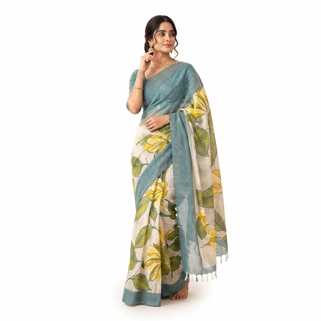 সঞ্চারী খাদি আঁচলের তাঁতের সুতি শাড়ি | Aqua Hand Painted Cotton Saree | ১৪.৫ হাত