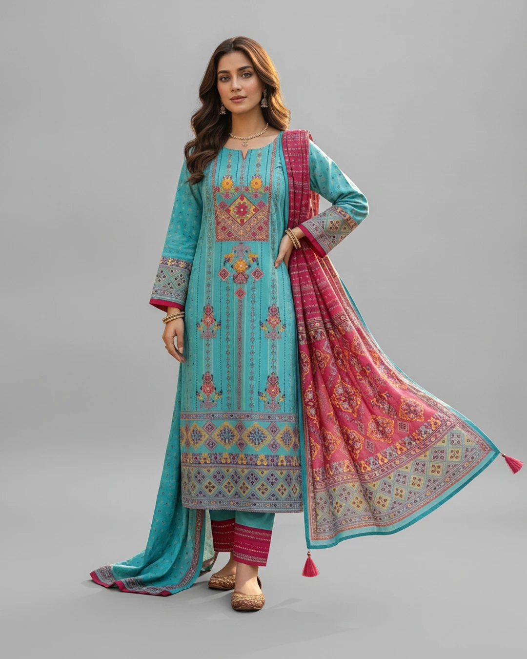 Sky Blue Aarong Boutique Karchupi Three Piece