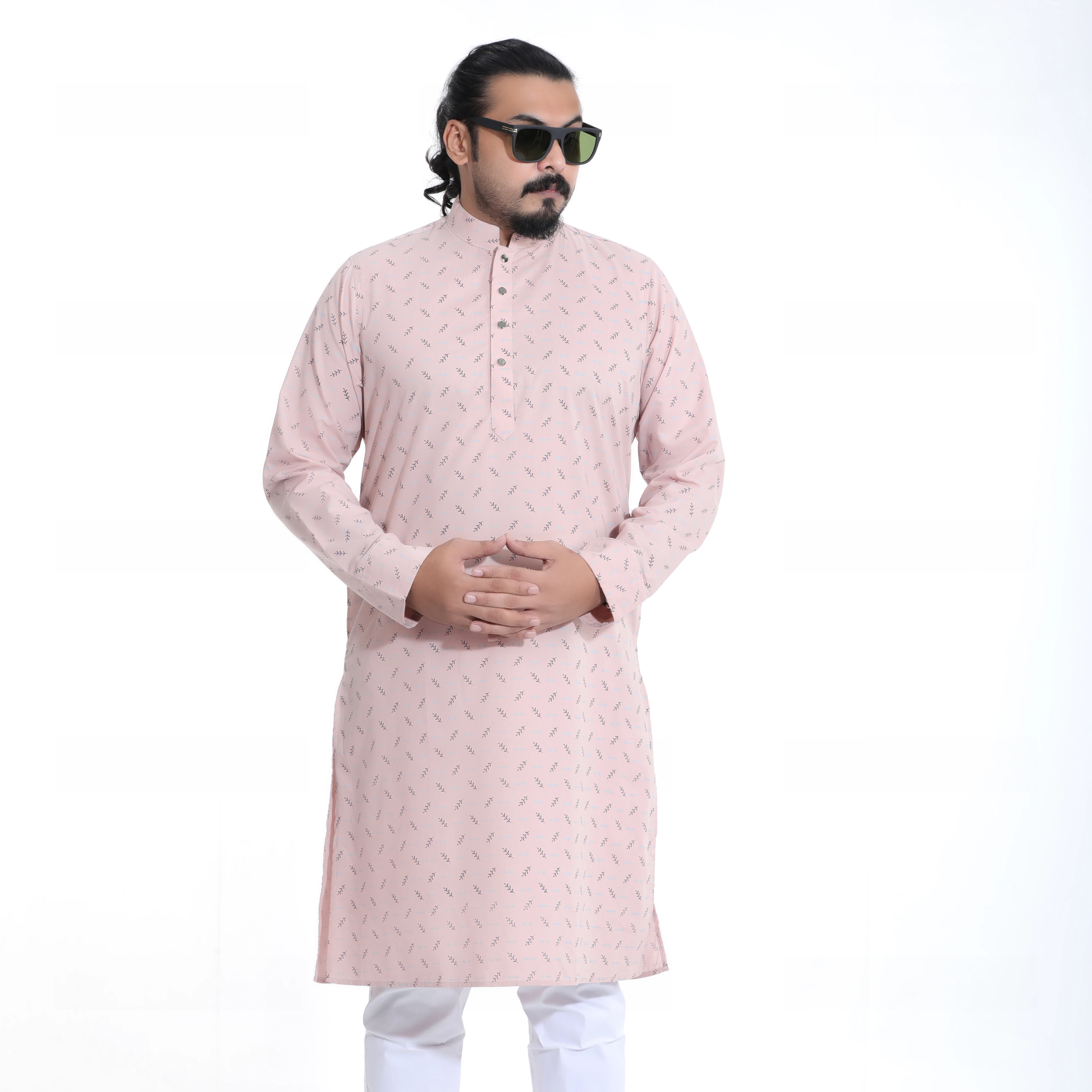 Men's Baby Pink Printed Casual Cotton Panjabi