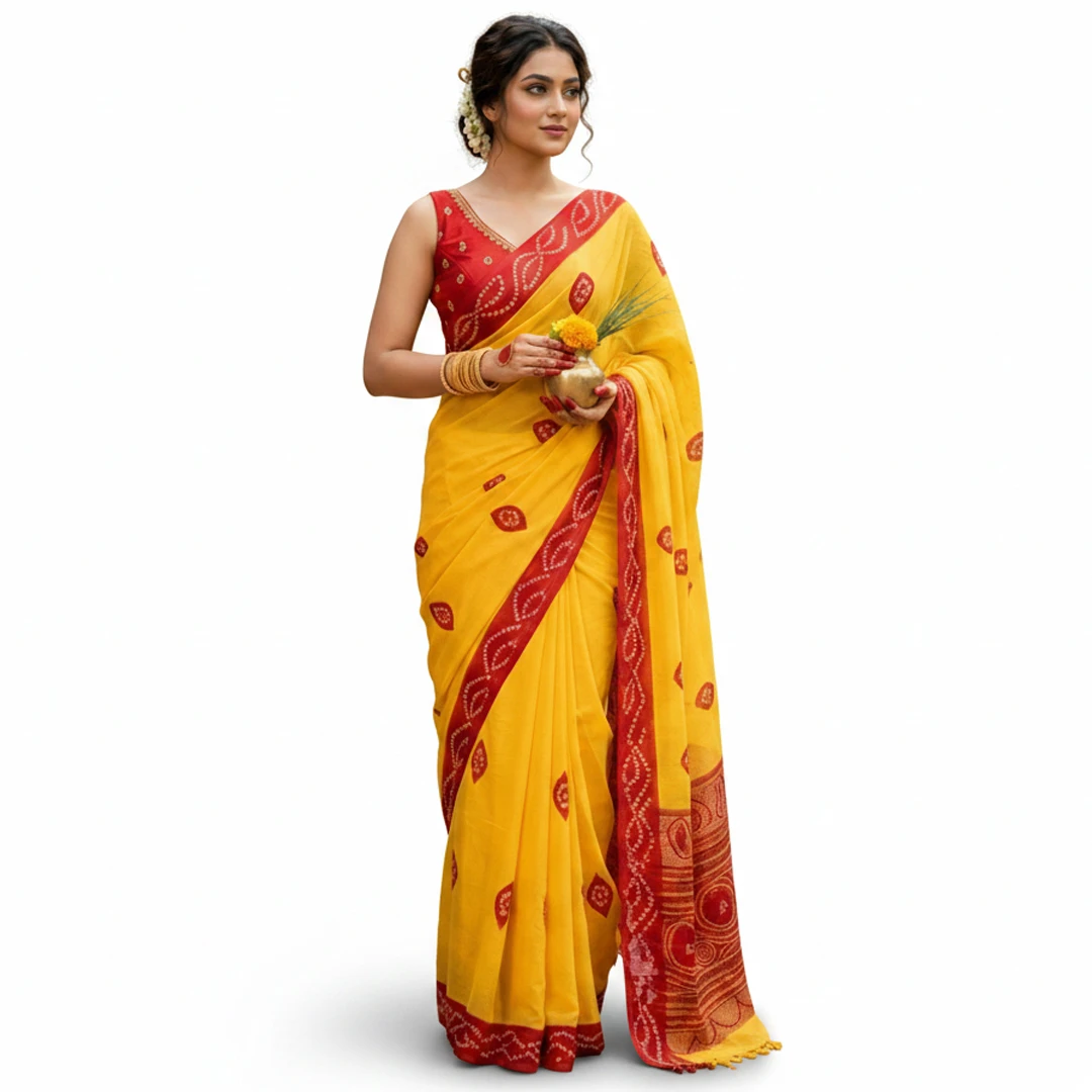 Traditional Yellow & Red Printed Georgette Saree – Festive Boishakhi & Puja Special Edition
