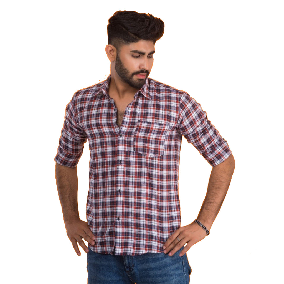 Stylish Men's Red & Blue Checkered Long Sleeve Cotton Casual Shirt