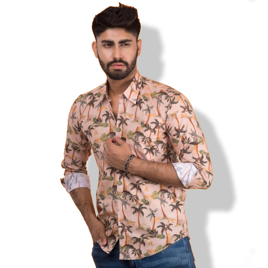 Stylish Men's Coral Palm Tree Pattern Long Sleeve Cotton Casual Shirt