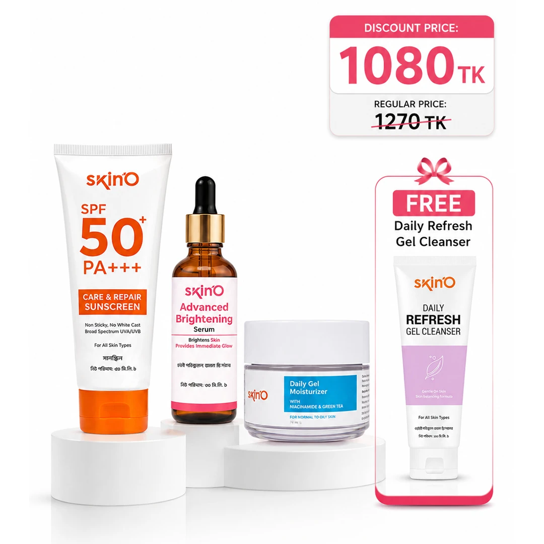 Skin’O Complete Glow & Protection Combo – SPF 50+ Sunscreen, Advanced Brightening Serum & Daily Gel Moisturizer + FREE Daily Refresh Gel Cleanser (100ml)