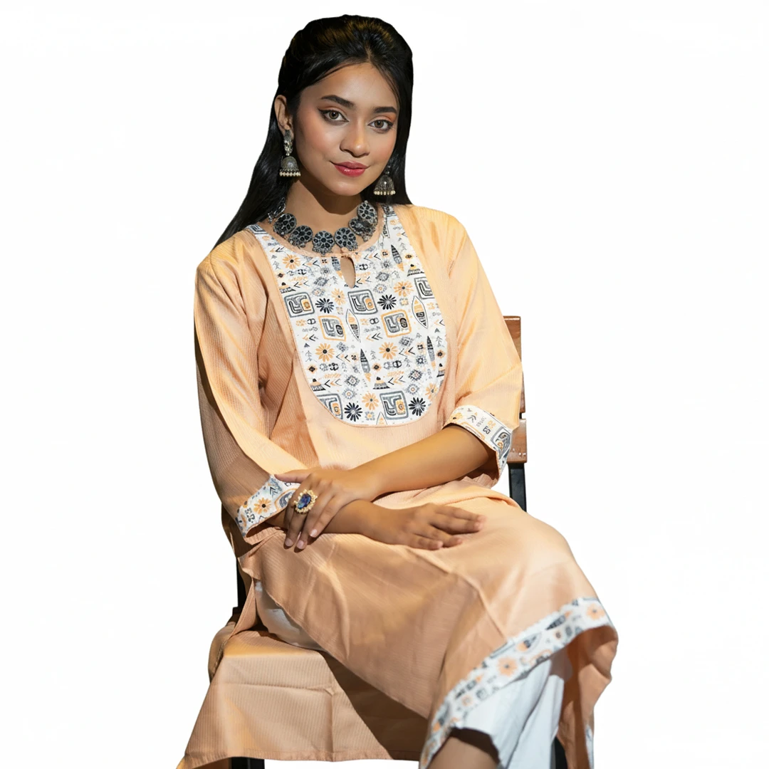 Light Peach Striped Kurti with Intricate Embroidery