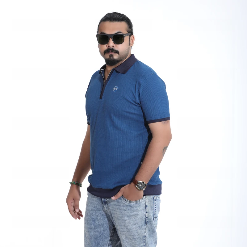 Men's Royal Blue Textured Polo Shirt with Zipper