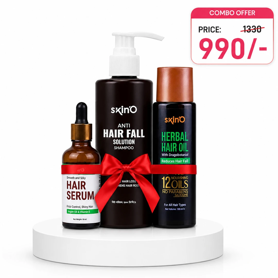 Skin’O Complete Anti-Hair Fall & Shine Combo – Herbal Hair Oil, Anti-Hair Fall Shampoo & Silky Serum for Healthy, Glossy Hair
