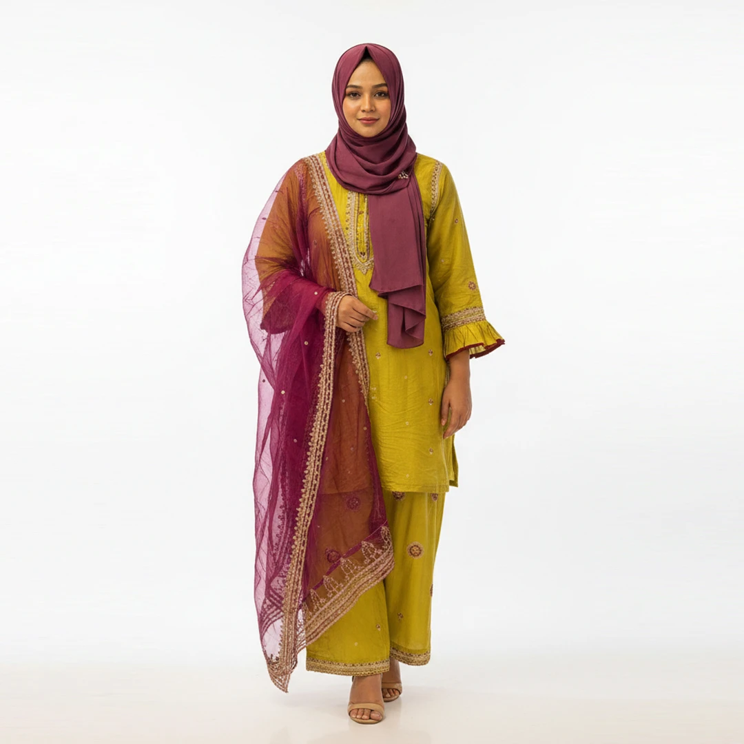 Premium Cotton Ready-Made Three-Piece Suit – Elegant Olive Green Salwar Kameez with Contrast Embroidery & Sheer Organza Dupatta