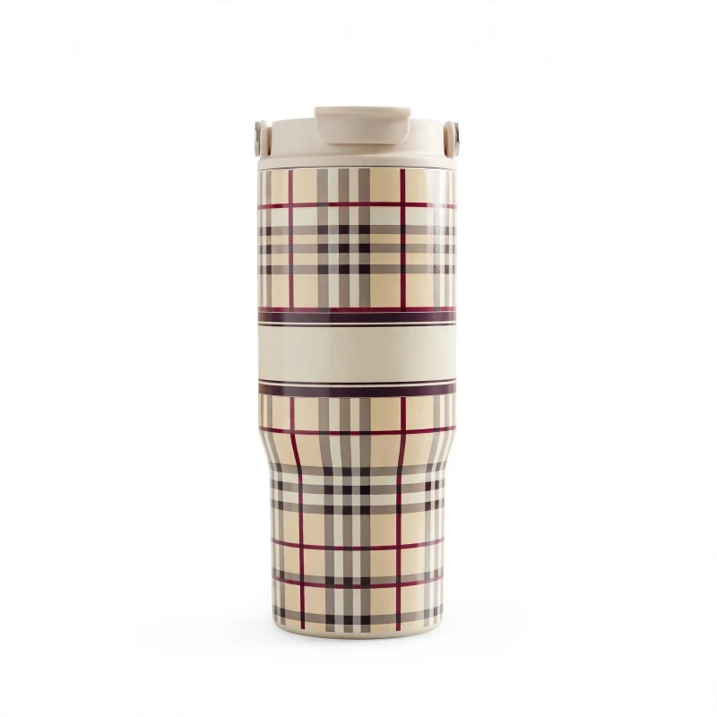 Plaid Travel Tumbler – Insulated Coffee Mug, Flip Lid