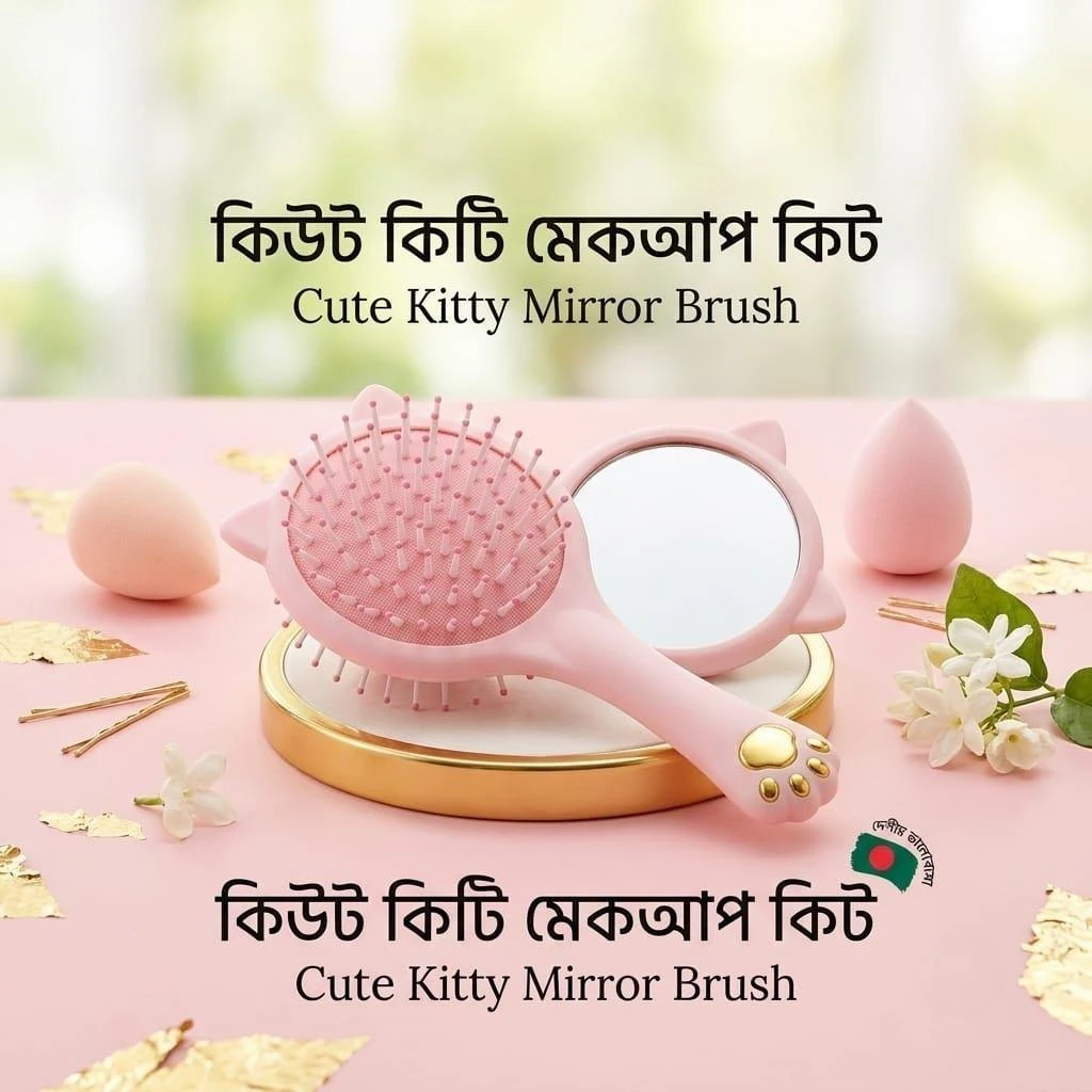 Cute Kitty Mirror Brush – 2-in-1 Compact Hair Brush with Mirror