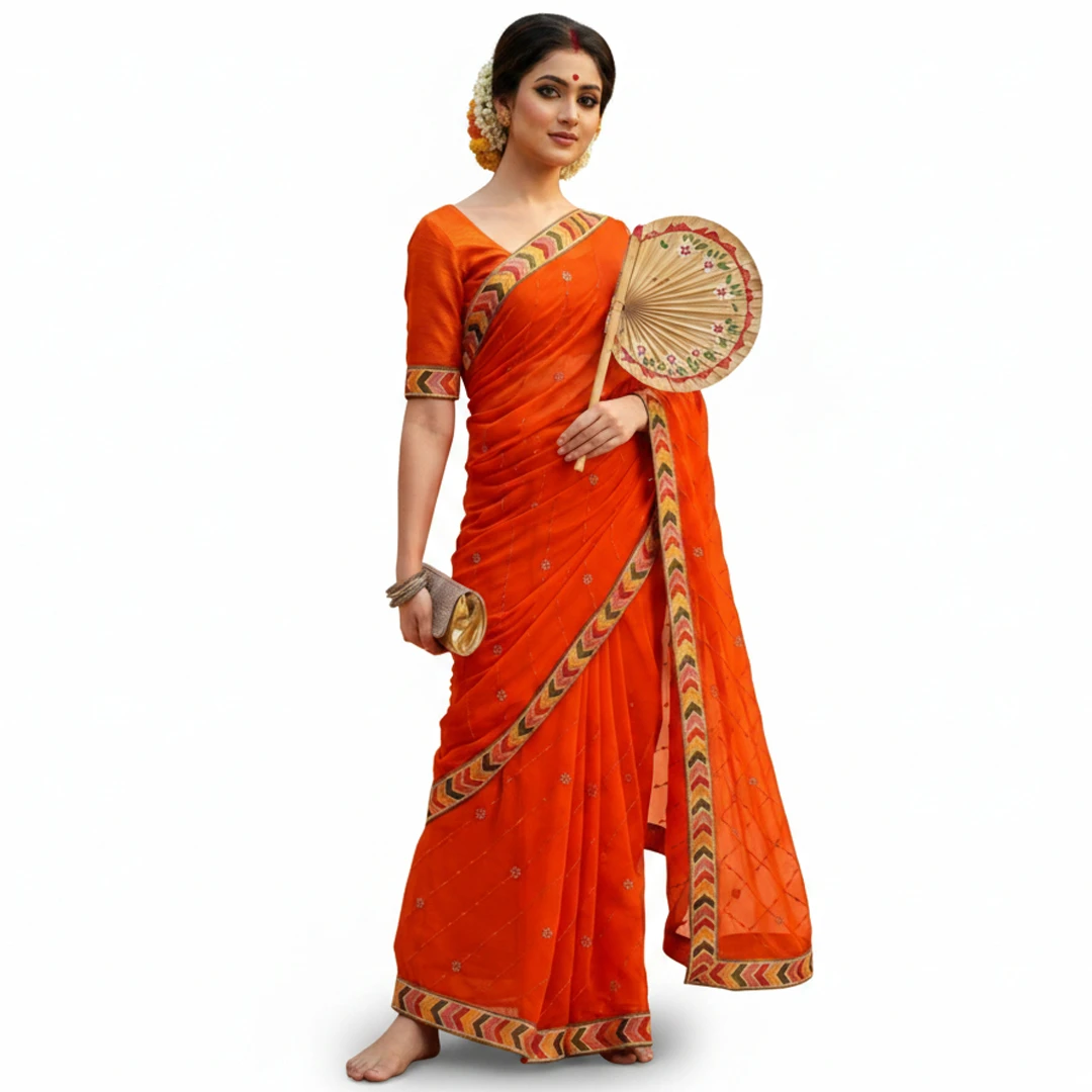 Exclusive Vibrant Orange Handloom Saree – Traditional Festive Wear for Puja and Pohela Boishakh