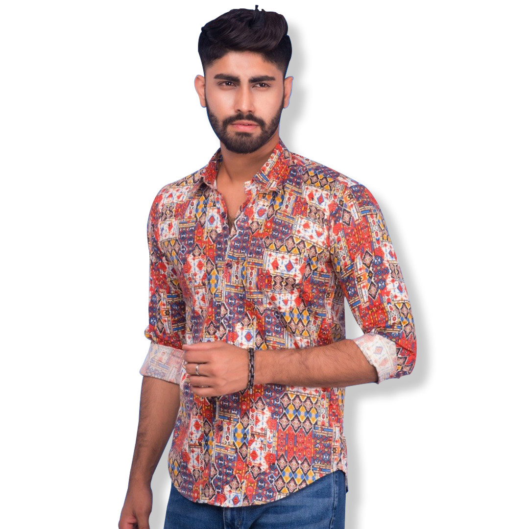 Men's Multicolor Abstract Geometric Print Long Sleeve Cotton Casual Shirt