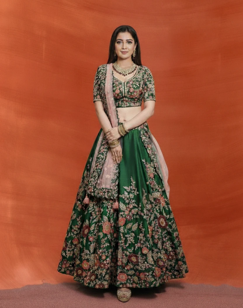 Emerald Green Embroidered Bridal/Party Lehenga with Blush Pink Dupatta