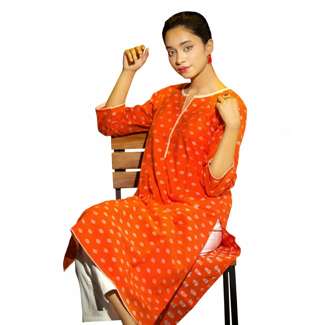 Orange Embroidered Cotton Kurti with Beige Pipen