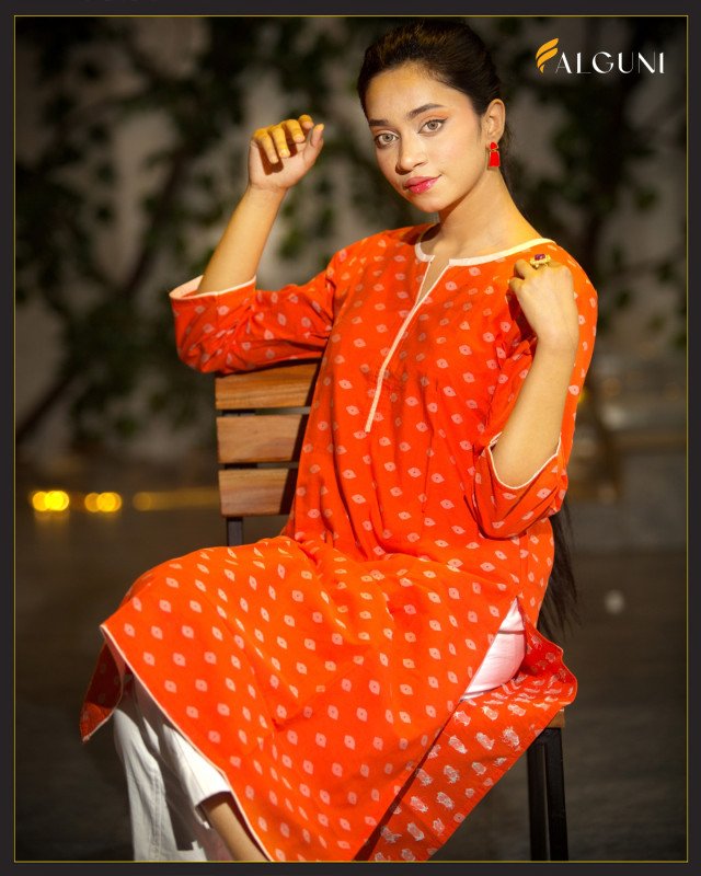 Orange Embroidered Cotton Kurti with Beige Pipen