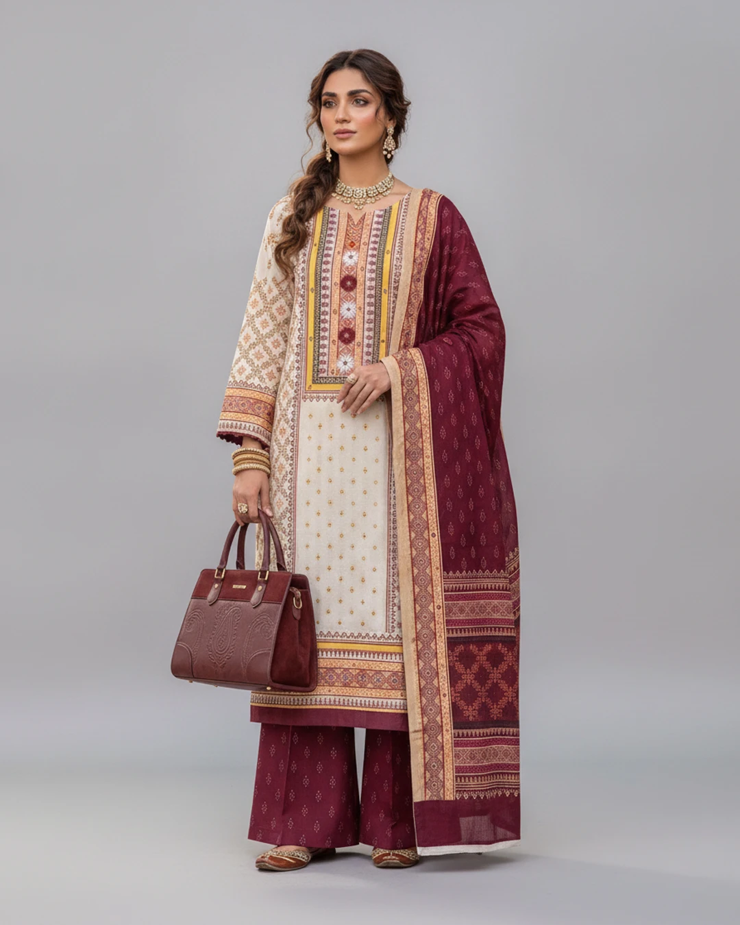 Royal Purple With Beige Aarong Boutique Karchupi Three Piece
