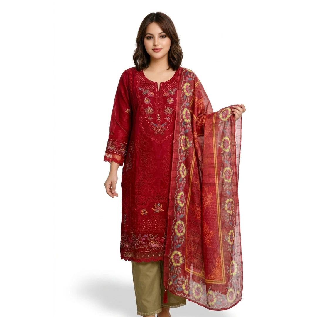 Elegant Crimson Red Embroidered Pakistani Inspired 2-piece Kurta and Dupatta set
