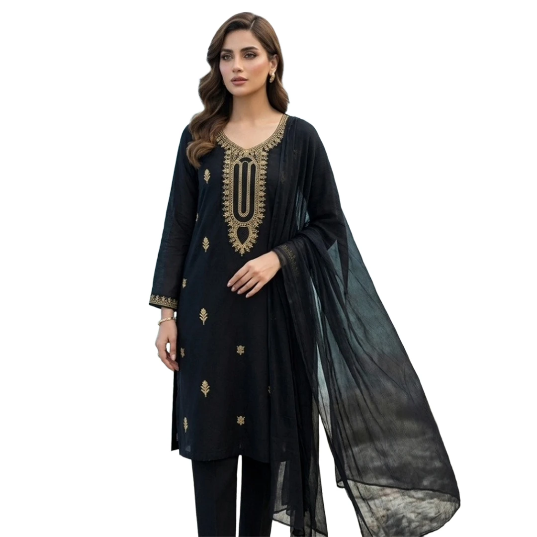 Elegant Black Georgette Semi Stitched Three Piece Suit Premium Gold Embroidery for Festive & Party Wear