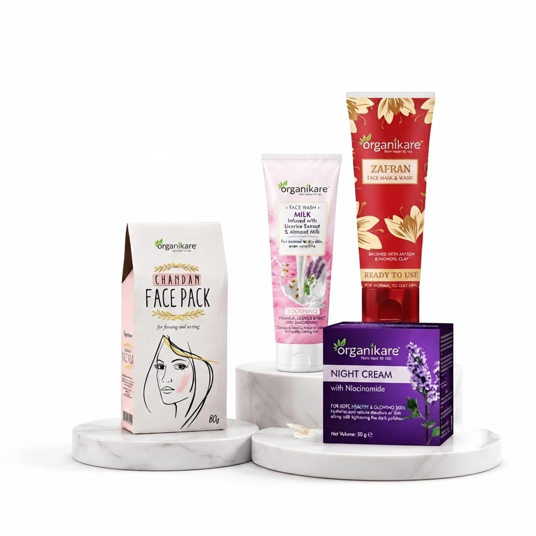 Organikare Complete Glow & Radiance Skincare Combo – Chandan Face Pack, Zafran Face Mask & Wash, Cleansing Milk Facewash & Glowing & Nourishing Night Cream