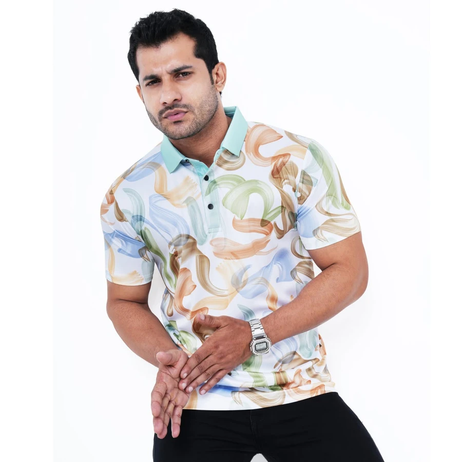 Men's Abstract Brushstroke Print Casual Polo T-Shirt - Multicolor