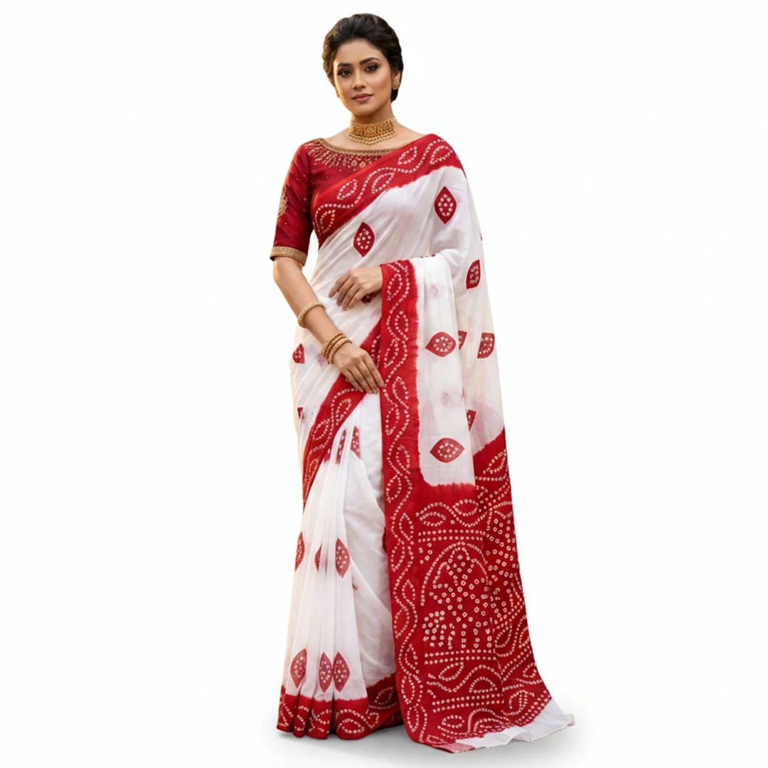 Elegant Red & White Printed Georgette Saree – Traditional Lal-Paar Festive Collection for Puja & Boishakh