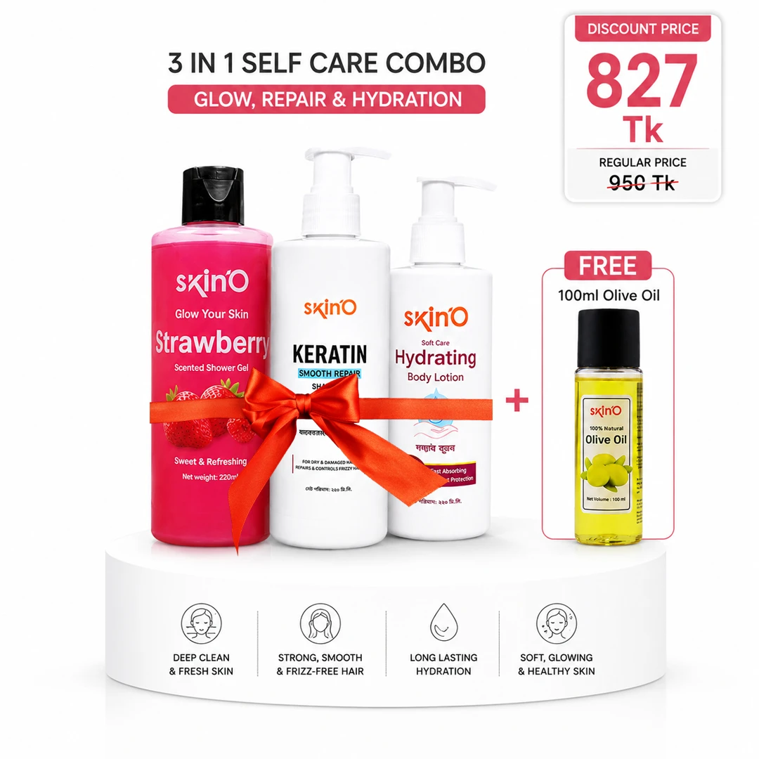 Skin’O 3-in-1 Self Care Combo – Strawberry Shower Gel, Keratin Repair Shampoo & Hydrating Body Lotion + FREE 100% Natural Olive Oil (100ml)