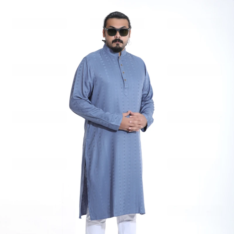 Men's Sky Blue Textured Panjabi with Subtle Checks