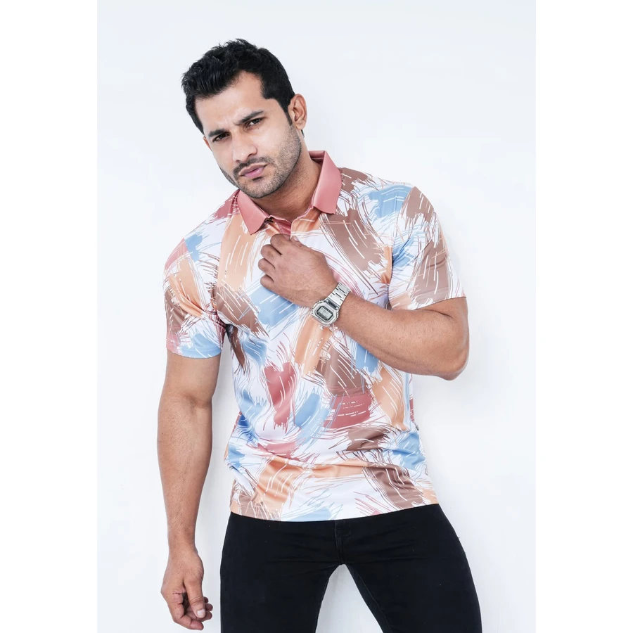 Men's Abstract Brushstroke Print Casual Polo T-Shirt - Multicolor