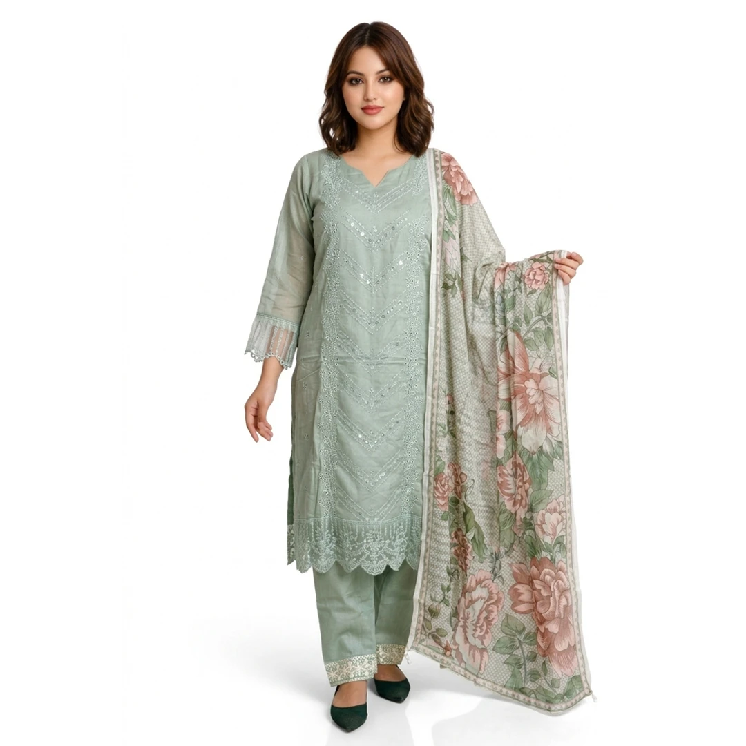 Pakistani Inspired Exclusive Sadabahar Light Olive Organza 4 Piece Dress with Heavy Embroidery & Sequence Work