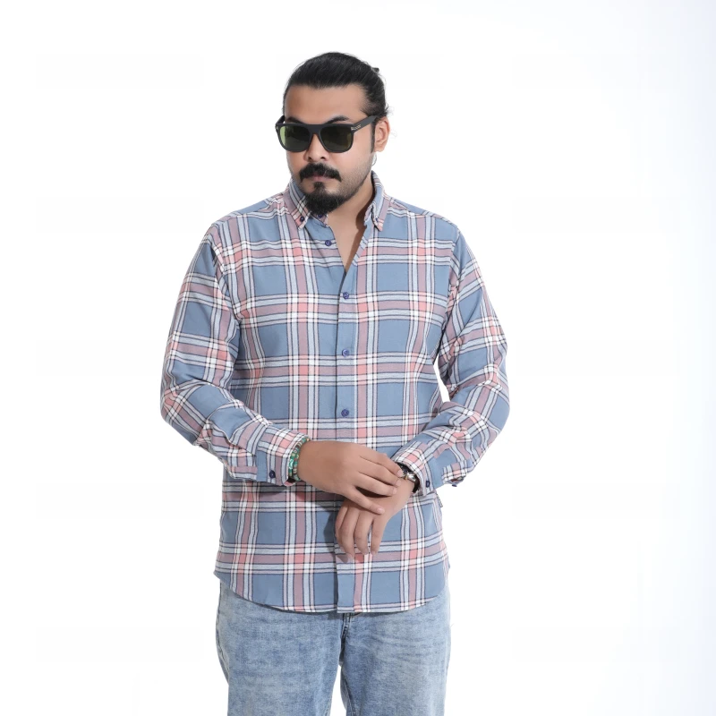 Men's Casual Blue and Pink Checkered Plaid Long Sleeve Button-Down Shirt