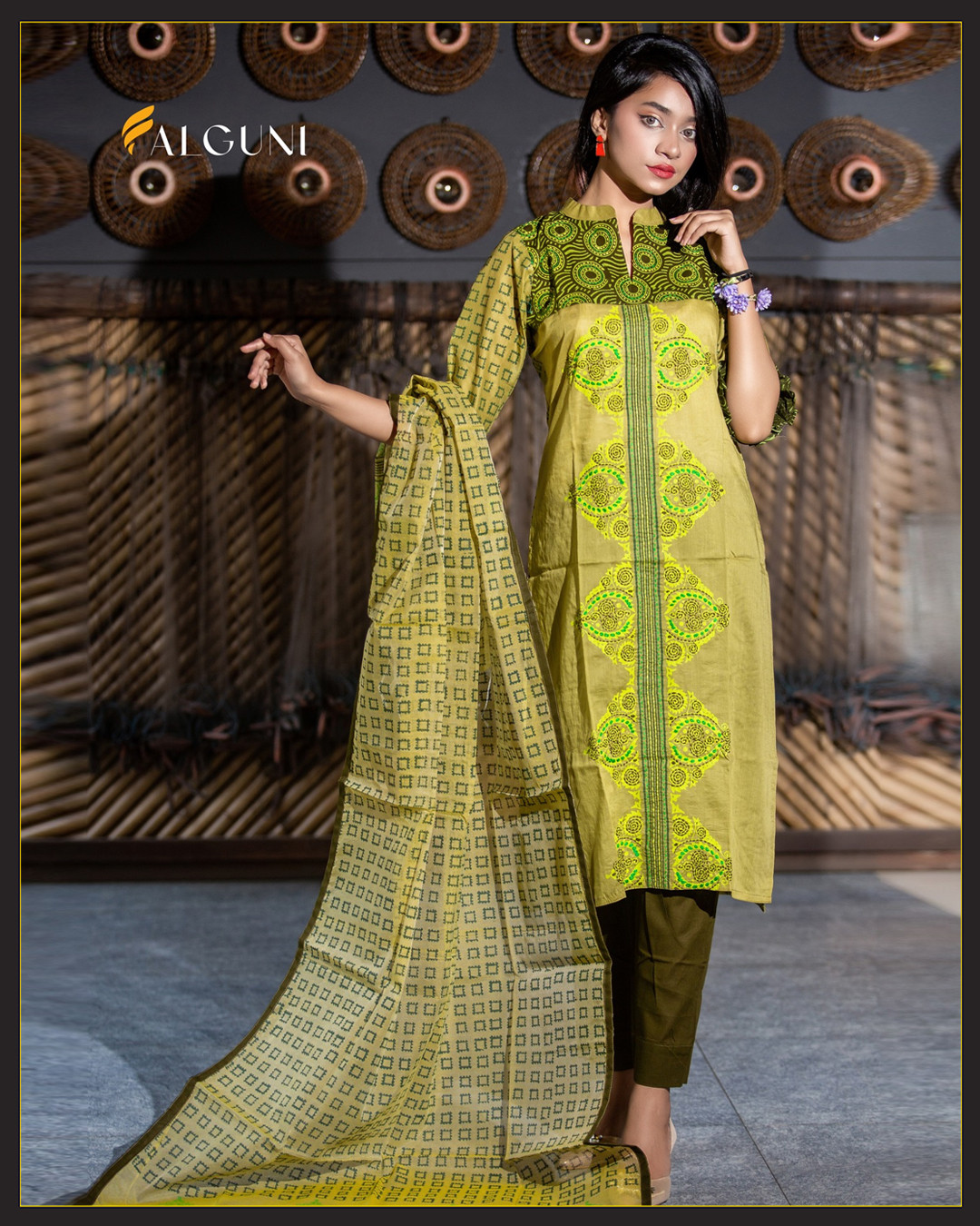 Olive Green Embroidery Cotton Salwar Kameez Set.