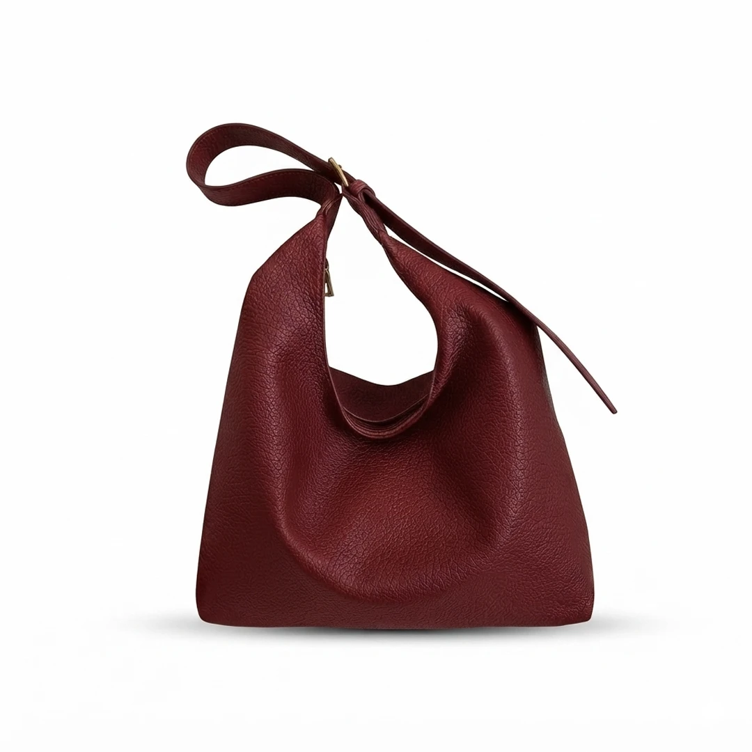 Maroon Luxury Slouchy Knot Shoulder Bag – Premium Pebbled Faux Leather Hobo Tote with Adjustable Buckle Strap