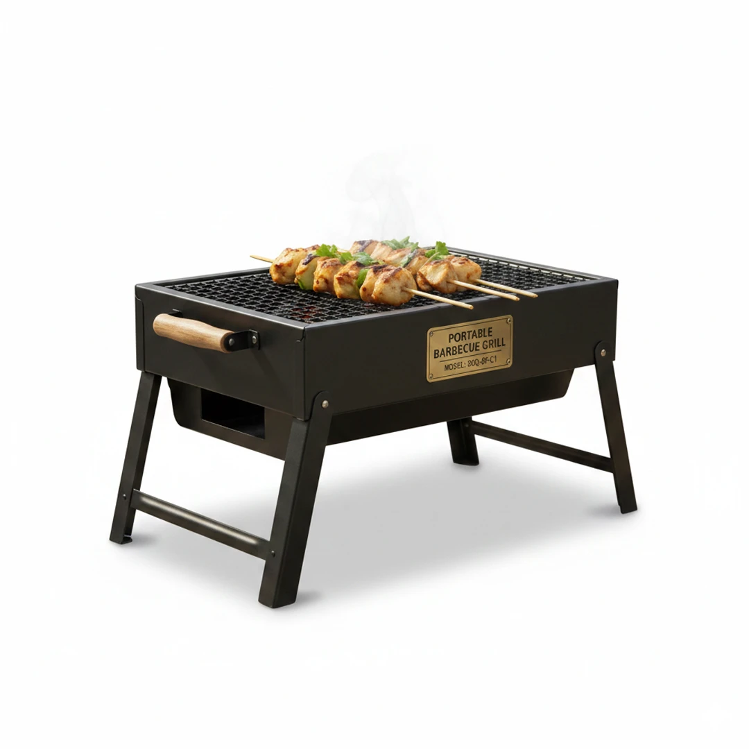 Portable Folding Charcoal BBQ Grill (Model: BBQ-SP-C1) – Compact Outdoor Barbecue Cooker with Cool-Touch Wooden Handles & Sturdy Folding Legs