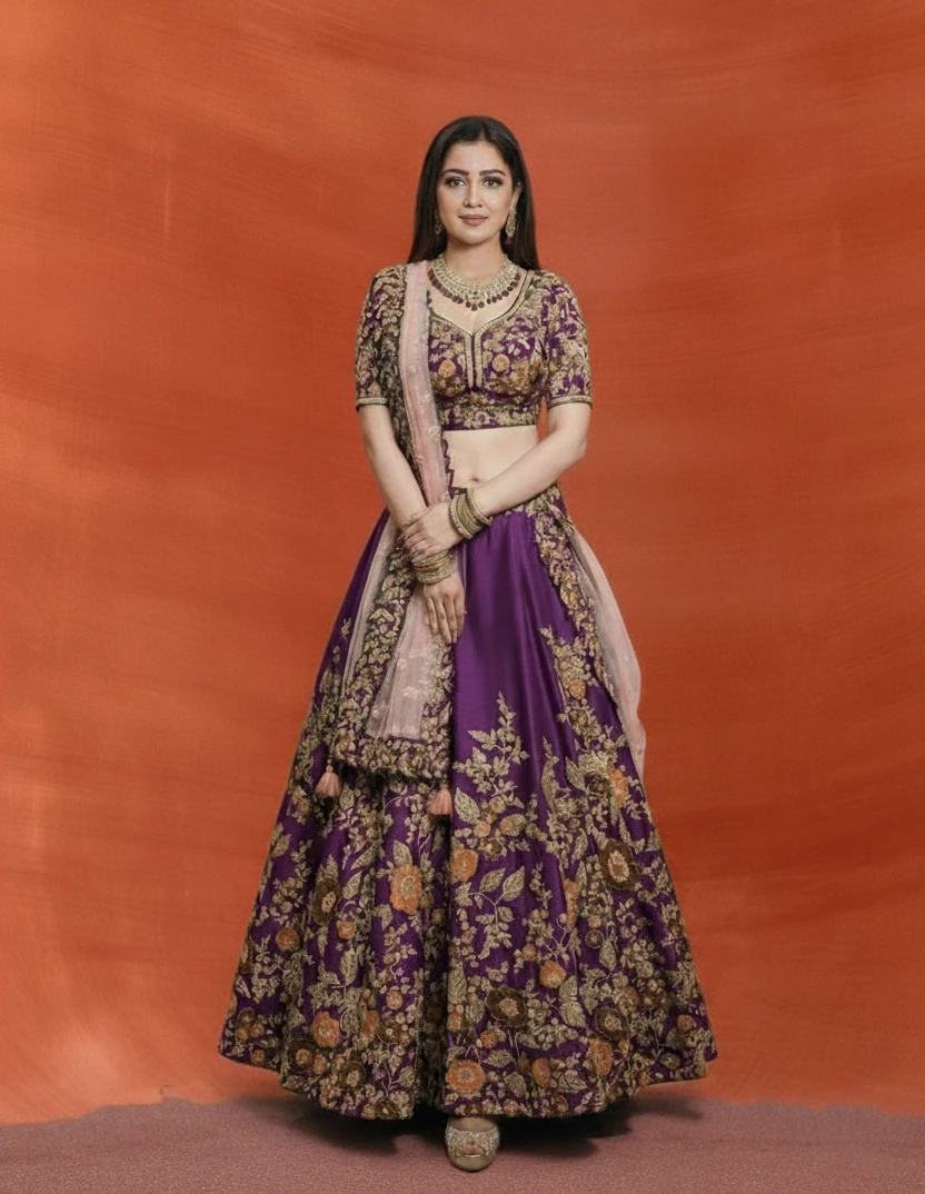 Regal Purple Embroidered Bridal/Party Lehenga with Blush Pink Dupatta