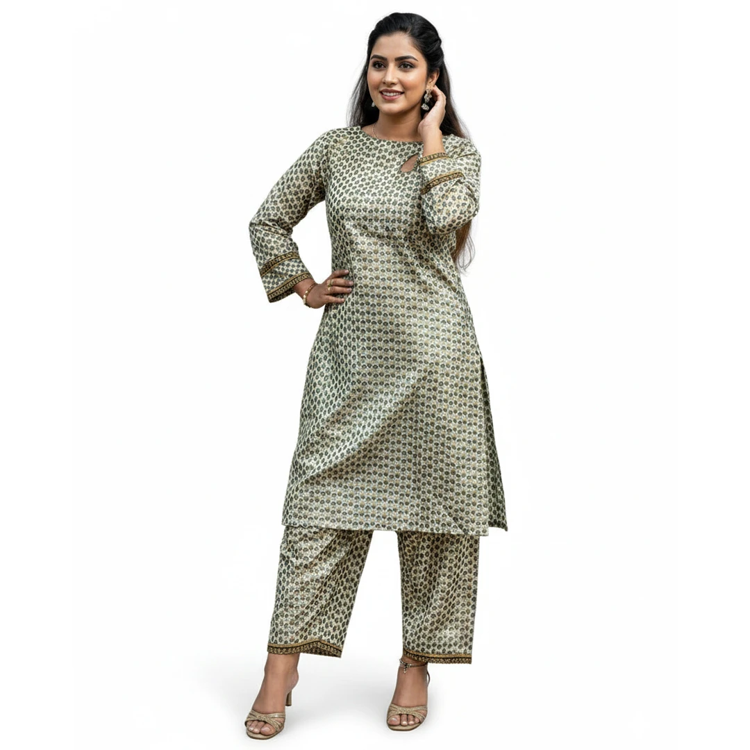 Printed Soft Cotton Co-Ord Set highlighted by Zari Work Lace with Keyhole Neckline.