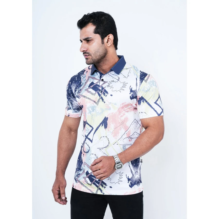 Men's Multicolor Abstract Geometric Print Casual Polo T-Shirt