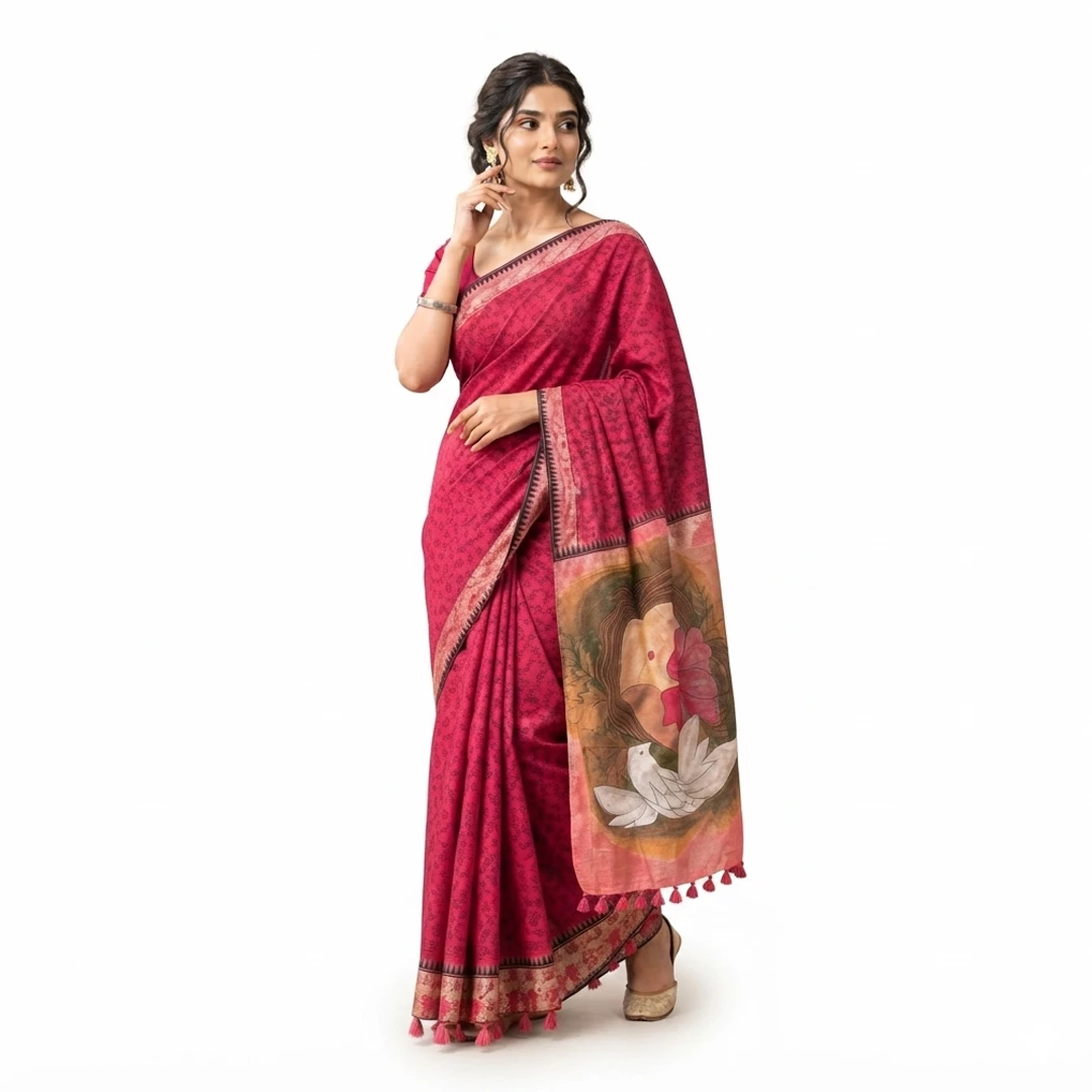 Raktakarabi Khadi Cotton Saree | Red Hand Painted & Block Print Saree