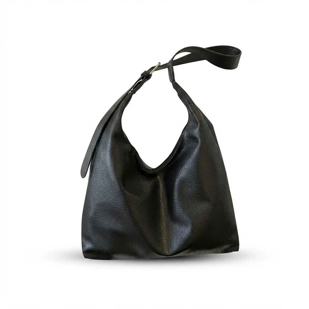Black Luxury Slouchy Knot Shoulder Bag – Premium Pebbled Faux Leather Hobo Tote with Adjustable Buckle Strap