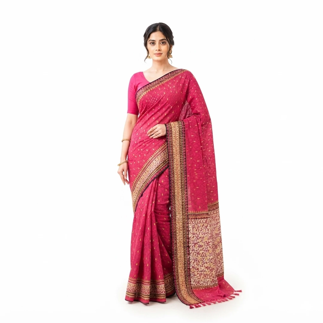 Premium Red Cotton Saree with Jamdani Motif Block Print & Golden Maroon Border – Limited Edition