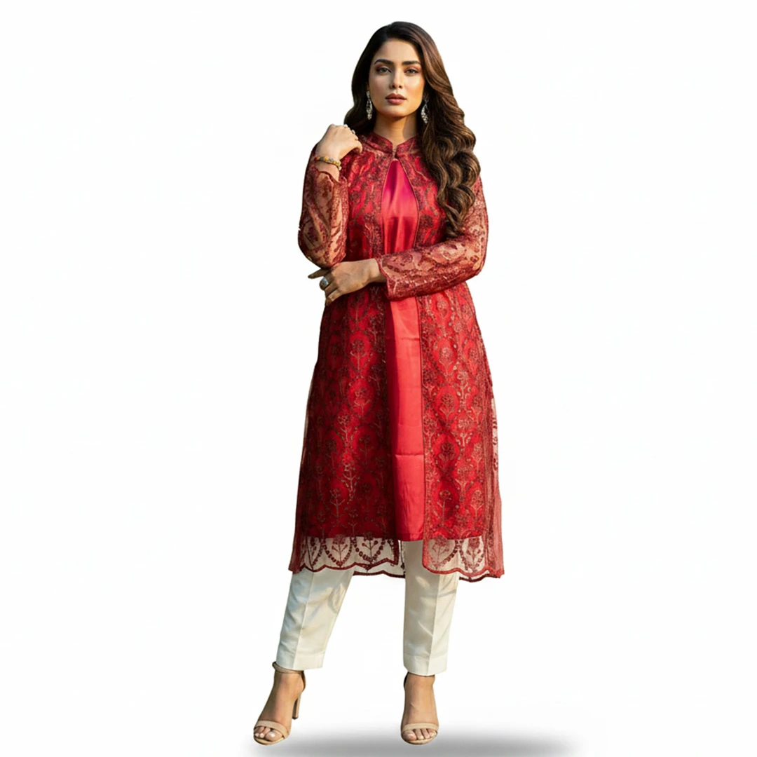 Luxurious Red Embroidered Koti & Inner Dress Set - Festive Wear