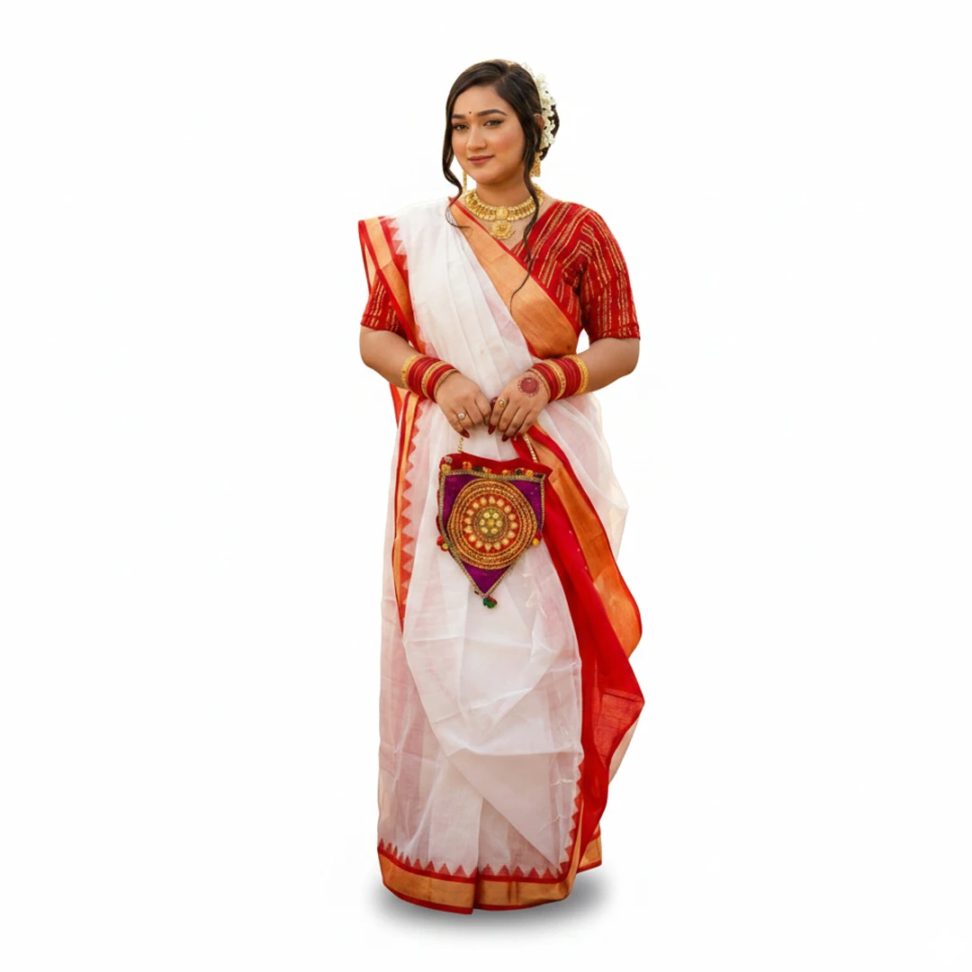 Classic White & Red Tant Festive Wear – Premium Half Silk Sarees for Puja & Boishakh Festivals