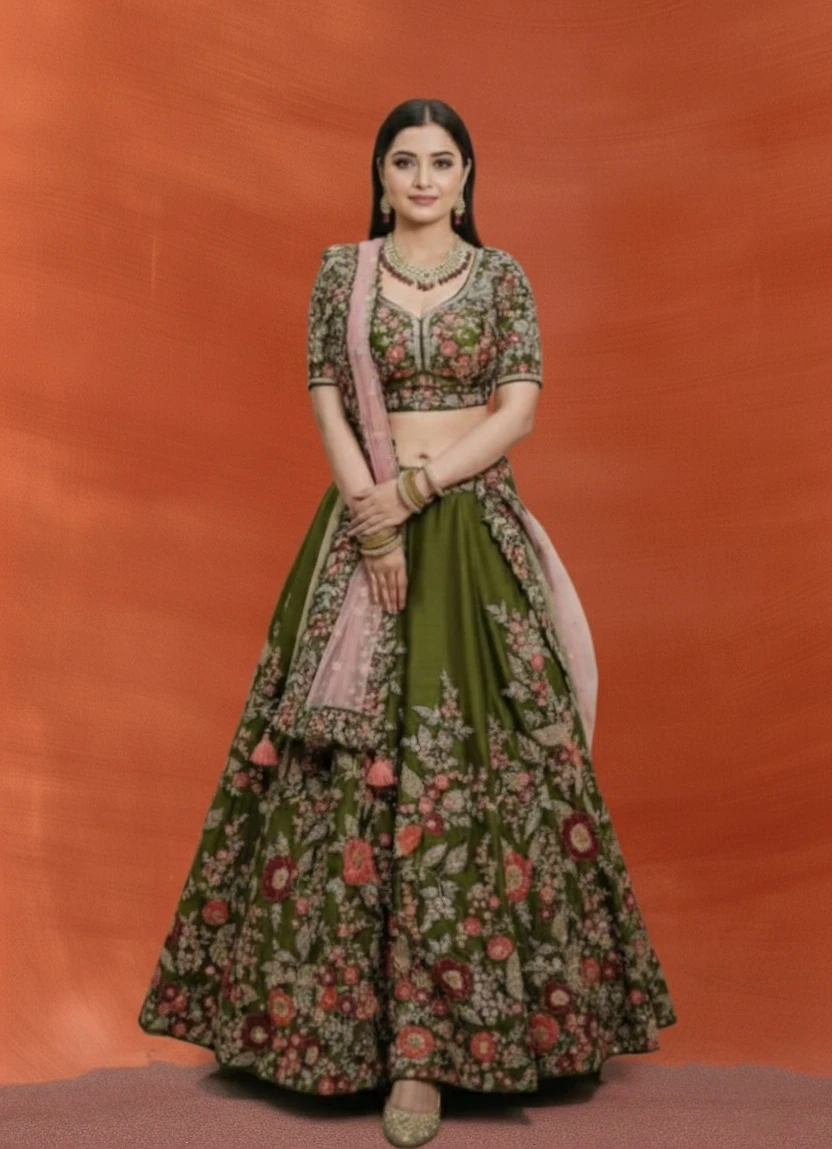 Olive Green Embroidered Bridal/Party Lehenga with Blush Pink Dupatta