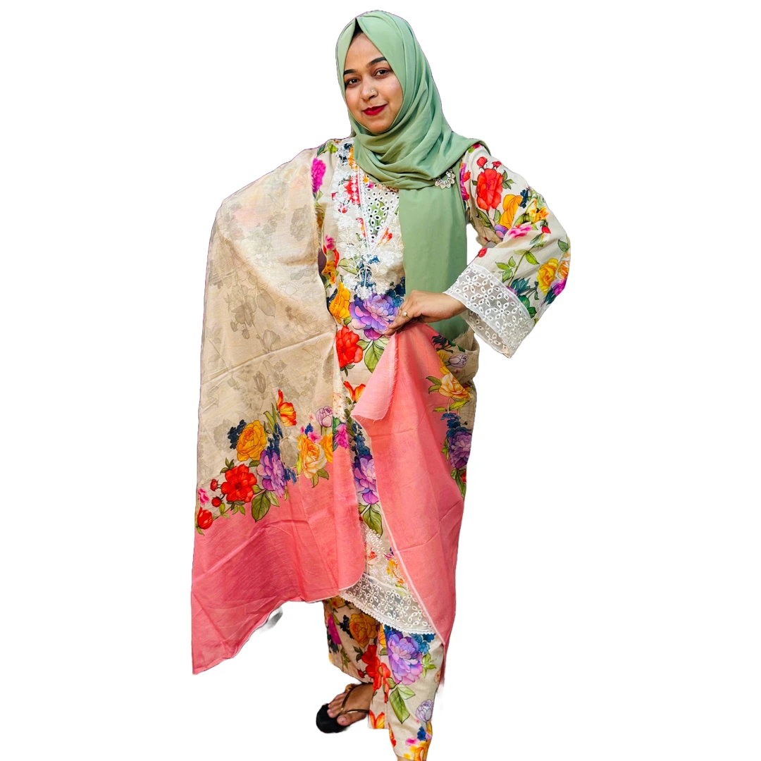 Pakistani-Inspired Premium Cotton Ready-Made Three-Piece Suit – Elegant Summer Collection
