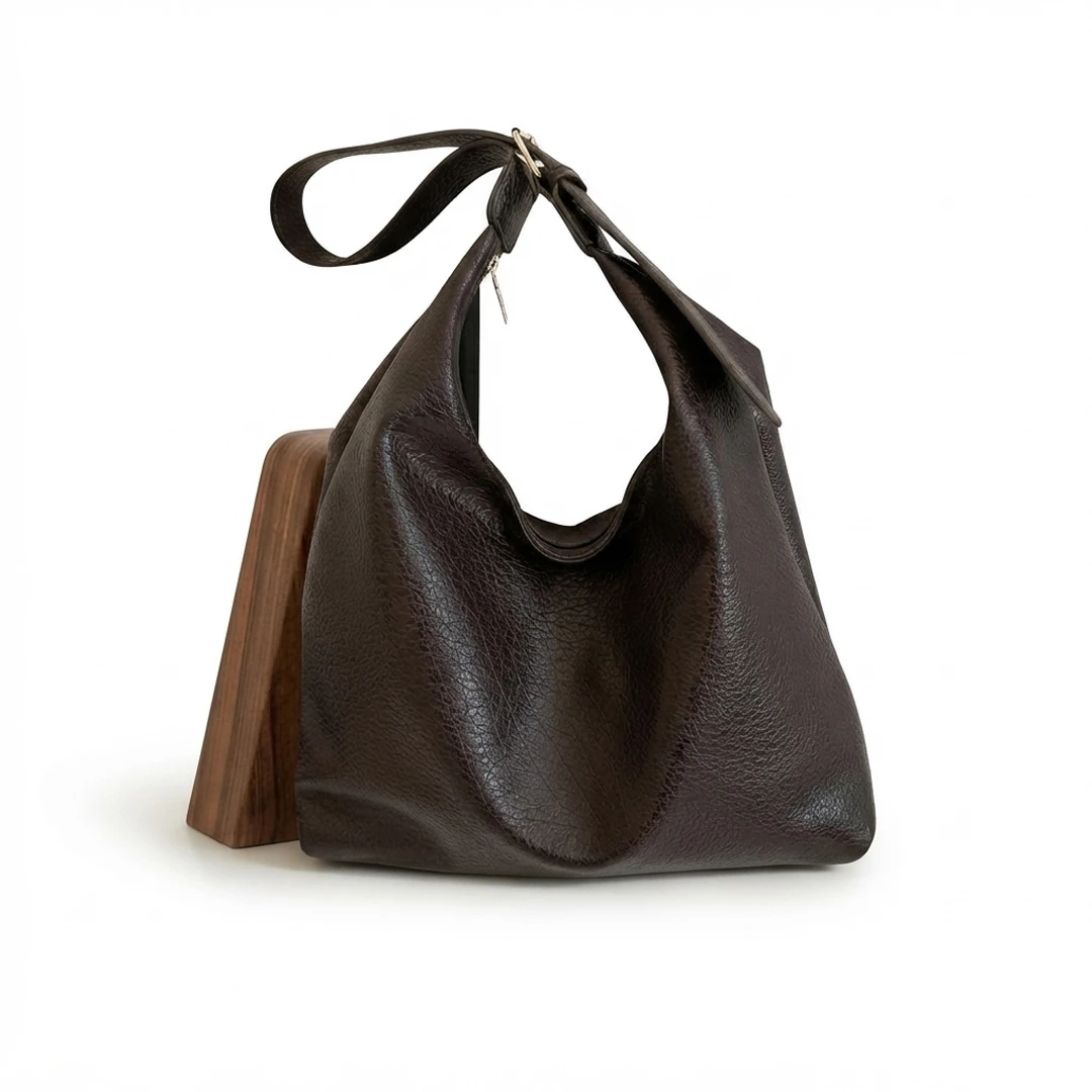 Coffee Brown Luxury Slouchy Knot Shoulder Bag – Premium Pebbled Faux Leather Hobo Tote with Adjustable Buckle Strap